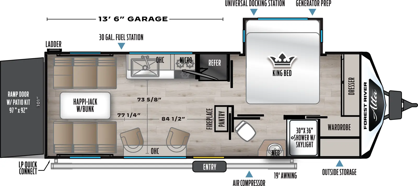 The Alta 2400KTH floorplan is a toy hauler that has one entry and one slide out. Exterior features include: fiberglass exterior and 19' awning. Interiors features include: front bedroom.